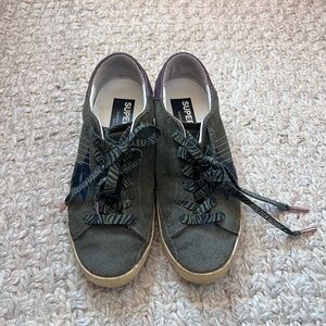 Olive Green Suede Low-Top Golden Goose Sneaks with leopard Laces
